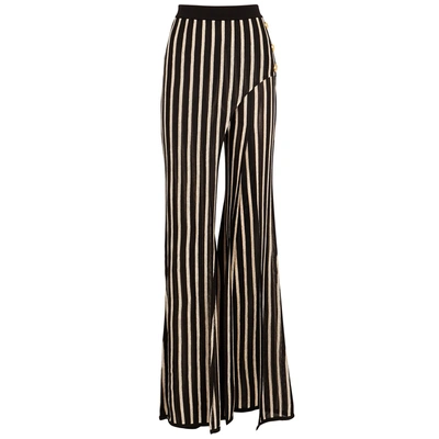 Shop Balmain Striped Wide-leg Fine-knit Trousers In Black