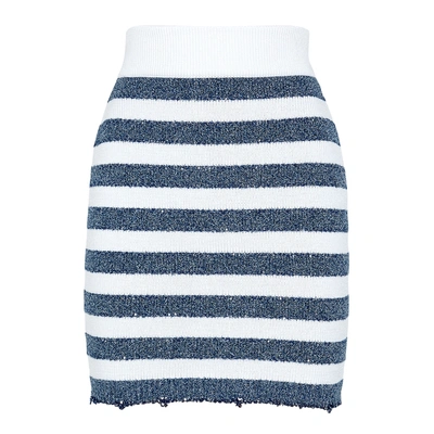 Shop Balmain Striped Stretch-jersey Mini Skirt In Blue