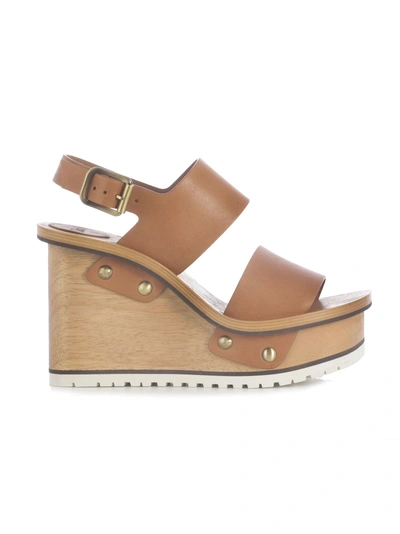 Shop Chloé Buckle Wedge Sandals In X Woody Beige