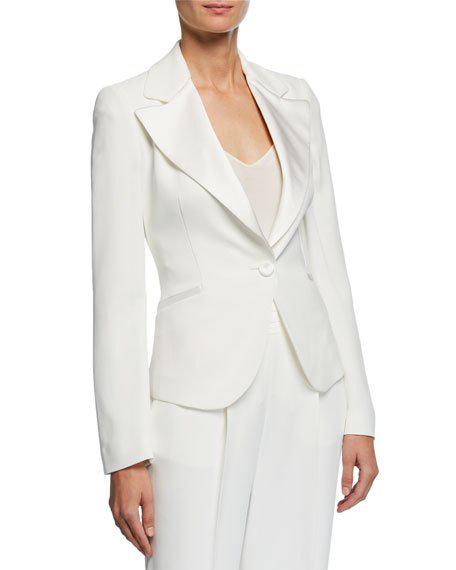 Emporio Armani Exaggerated Satin Lapel One-Button Cady Jacket In White ...