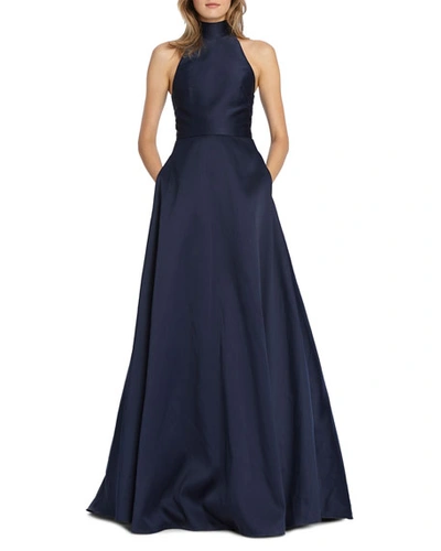 Shop ml Monique Lhuillier High-neck Keyhole-back Sleeveless Ball Gown With Pockets In Navy