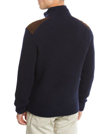 Neiman Marcus Men's Suede-trim Zip-front Sweater In Blue | ModeSens