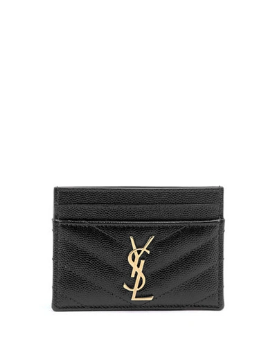Shop Saint Laurent Ysl Grain De Poudre Leather Card Case, Golden Hardware In Nero