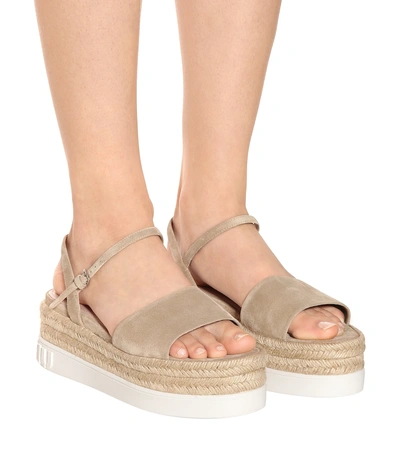 Shop Miu Miu Suede Platform Sandals In Beige