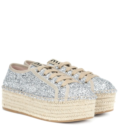 Shop Miu Miu Glitter Espadrille Sneakers In Silver