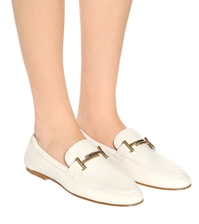 Shop Tod's Double T Leather Loafers In White