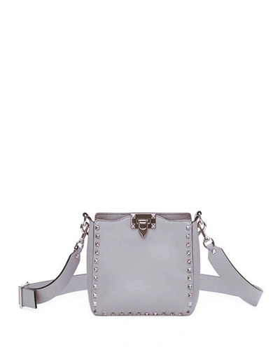 Shop Valentino Rockstud Mini Vitello Stampa Leather Hobo Bag In Light Gray