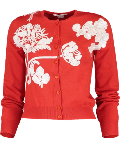 Shop Oscar De La Renta Sequined Floral Embroidered Cardigan In Red-wht