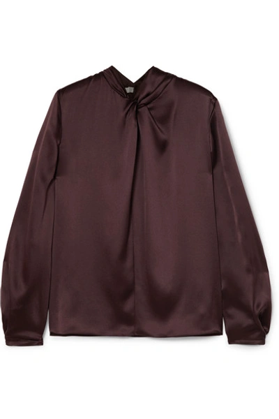 Shop Vince Knotted Silk-satin Blouse In Brown