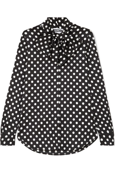 Shop Moschino Pussy-bow Polka-dot Charmeuse Blouse In Black