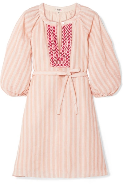 Shop Lemlem Nefasi Embroidered Striped Cotton-blend Gauze Mini Dress In Coral