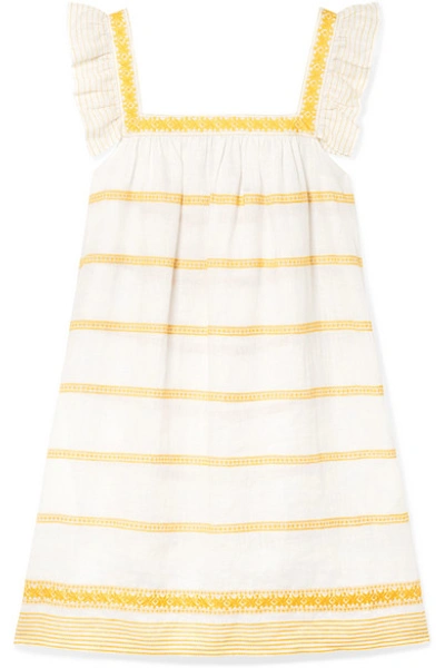 Shop Tory Burch Ruffled Embroidered Linen And Cotton-blend Mini Dress In Yellow