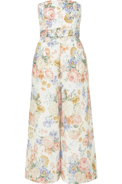 Shop Zimmermann Bowie Strapless Floral-print Linen Jumpsuit