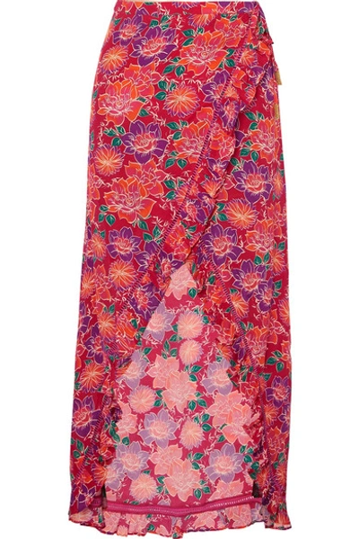 Shop Paloma Blue Stevie Ruffled Floral-print Crepe De Chine Wrap Maxi Skirt In Red