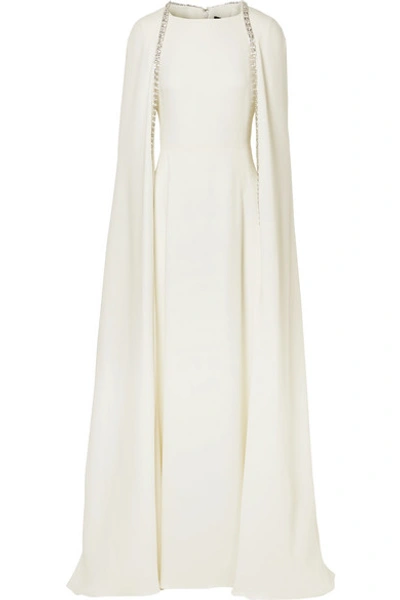 Shop Reem Acra Crystal-embellished Cape-effect Silk-crepe Gown In Ivory