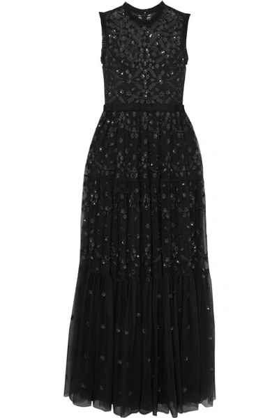 Shop Needle & Thread Clover Sequin-embellished Embroidered Tulle Gown In Charcoal
