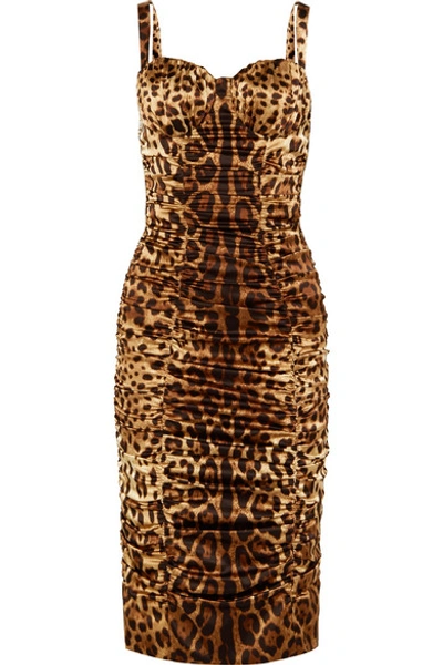 Shop Dolce & Gabbana Ruched Leopard-print Stretch-silk Satin Midi Dress