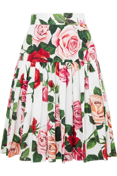 Shop Dolce & Gabbana Floral-print Cotton-poplin Midi Skirt In White
