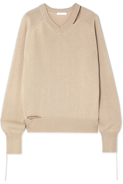 Shop Helmut Lang Distressed Cutout Cotton, Wool And Cashmere-blend Sweater In Beige