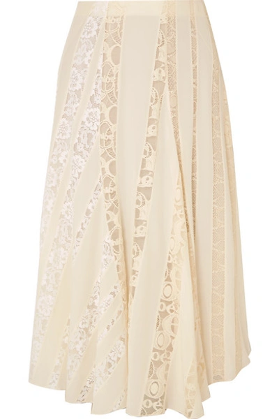 Shop Chloé Lace-paneled Silk Crepe De Chine Midi Skirt In Ivory