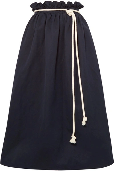 Shop Atlantique Ascoli Rope-trimmed Cotton And Linen-blend Poplin Midi Skirt In Navy