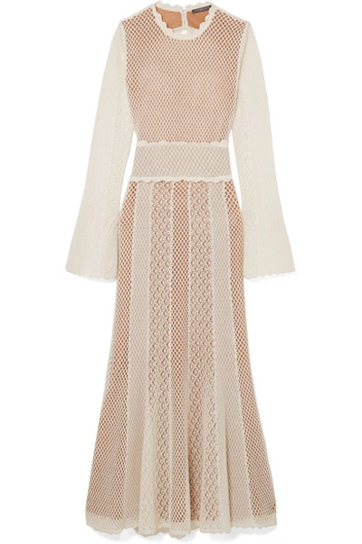 Shop Alexander Mcqueen Open-back Paneled Crocheted Cotton-blend Midi Dress In Ivory