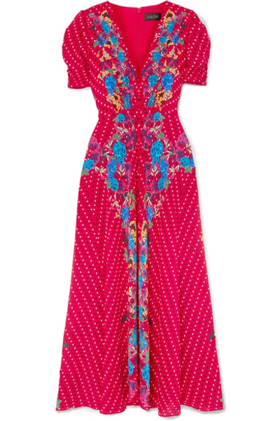 Shop Saloni Lea Printed Silk Crepe De Chine Midi Dress In Red