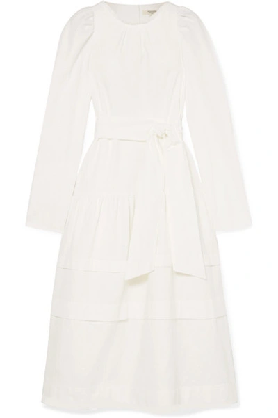 Shop Atlantique Ascoli Datcha Belted Ruffled Swiss-dot Cotton Midi Dress In White