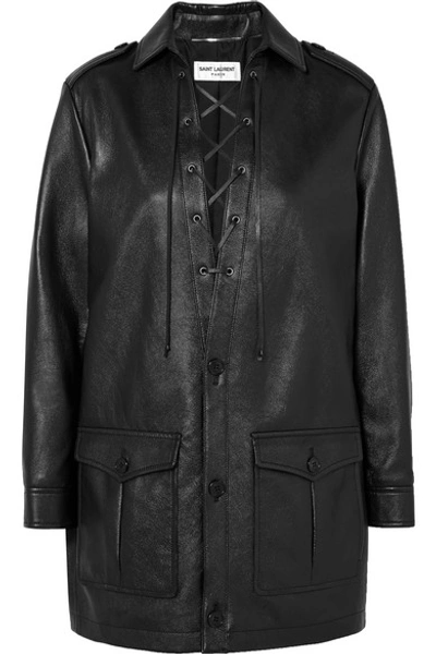 Shop Saint Laurent Lace-up Textured-leather Mini Dress In Black