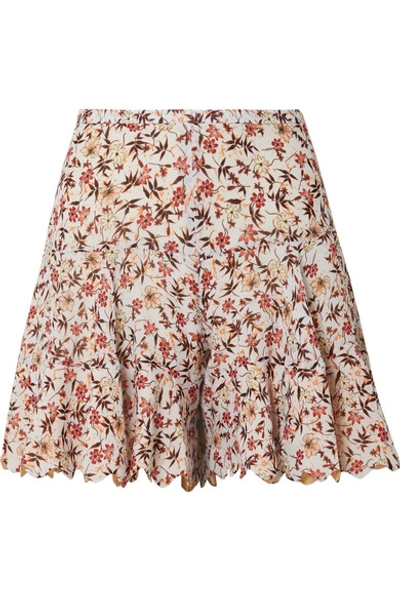 Shop Chloé Scalloped Floral-print Georgette Shorts In White