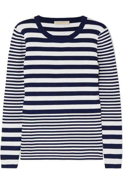 Shop Michael Michael Kors Striped Ribbed Stretch-knit Sweater In Navy