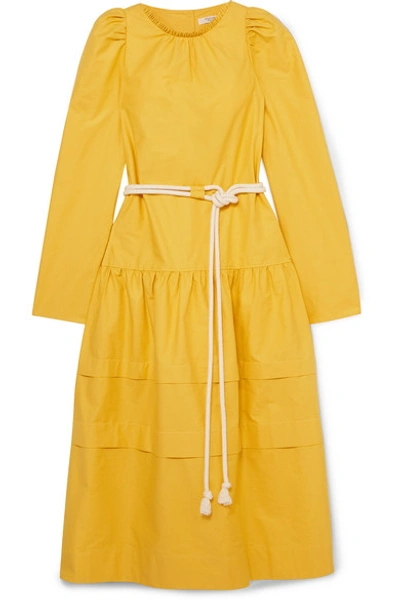 Shop Atlantique Ascoli Datcha Belted Ruffled Textured Cotton-canvas Midi Dress In Yellow