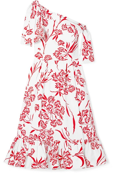 Shop Carolina Herrera Knotted Asymmetric Printed Stretch-cotton Poplin Midi Dress