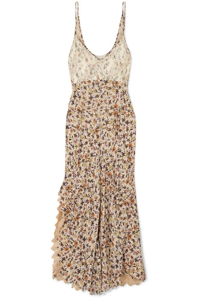 Shop Chloé Scalloped Lace-trimmed Floral-print Crepe Dress In Beige