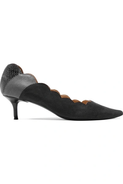 Shop Chloé Lauren Scalloped Snake-effect Leather Paneled Suede Pumps In Dark Gray