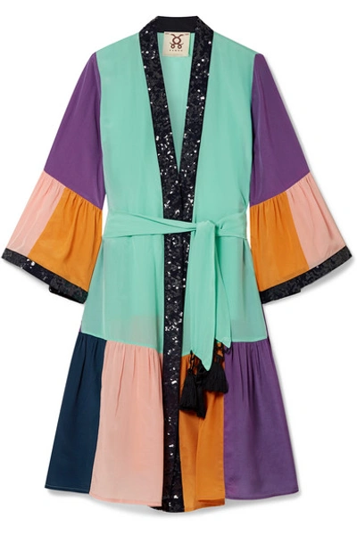 Shop Figue Nisha Sequin-embellished Color-block Silk Crepe De Chine Kimono In Turquoise