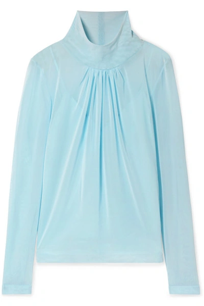 Shop Victoria Beckham Gathered Stretch-tulle Blouse In Sky Blue