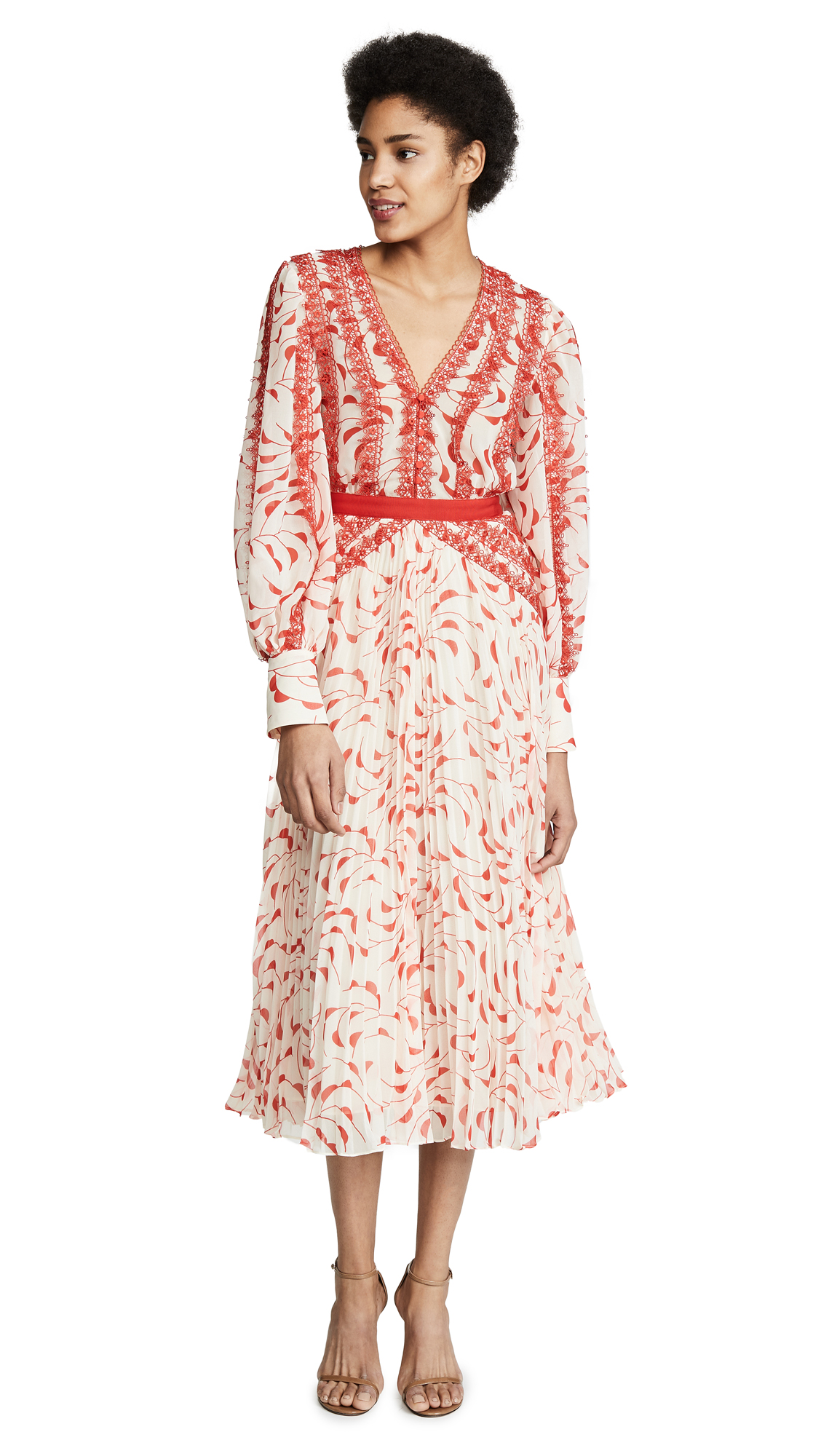 crescent printed chiffon midi dress