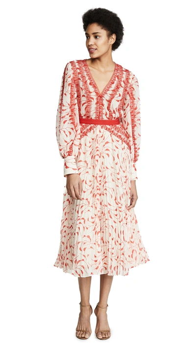 Shop Self-portrait Chiffon Midi Dress In Cream/red