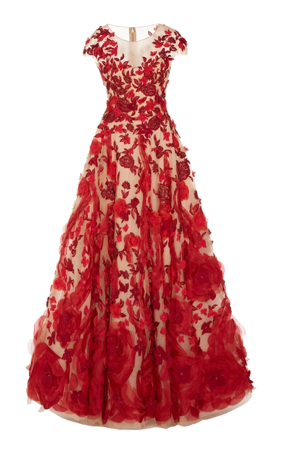 Shop Marchesa Illusion V-neck Ballgown With Silk Organza Flowers In Red