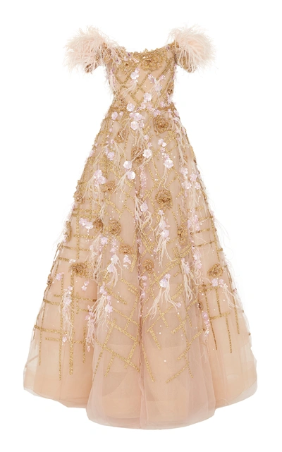 Shop Marchesa Off Shoulder Ostrich Feather Embroidered Ball Gown In Pink