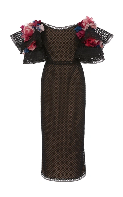 Shop Marchesa Off Shoulder Embroidered Grid Tulle Cocktail Dress In Black