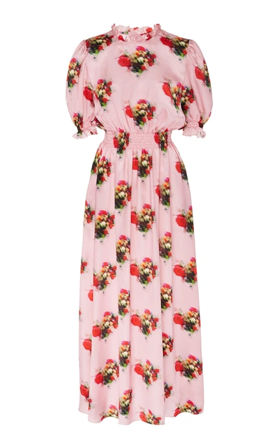 Shop Adam Lippes Printed Smocked Silk Dress In Pink