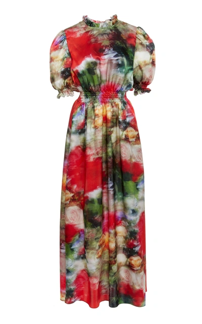 Shop Adam Lippes Printed Smocked Silk Dress In Floral
