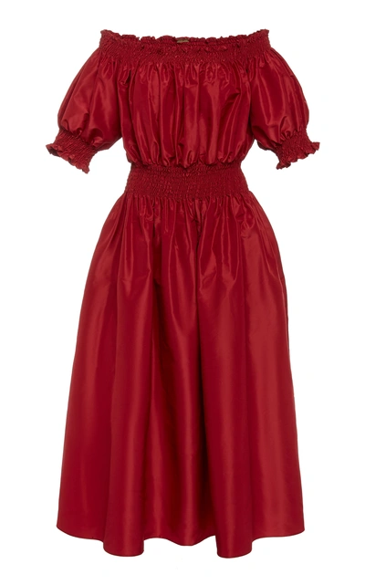 Shop Adam Lippes Off-the-shoulder Smocked Silk Taffeta Dress In Red