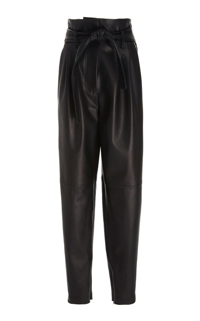 Shop Adam Lippes Paper Bag Waist Tapered Leather Pants In Black