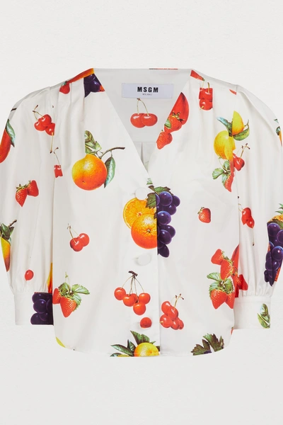 Shop Msgm Fruit Print Cropped Shirt In White/multi