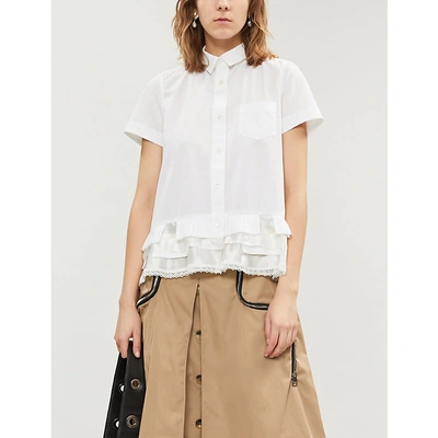 Shop Sacai Lace-trim Cotton-poplin Shirt In White