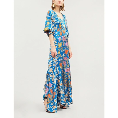 Shop Peter Pilotto Asymmetric Floral-print Stretch-silk Maxi Dress In Botanical Blue