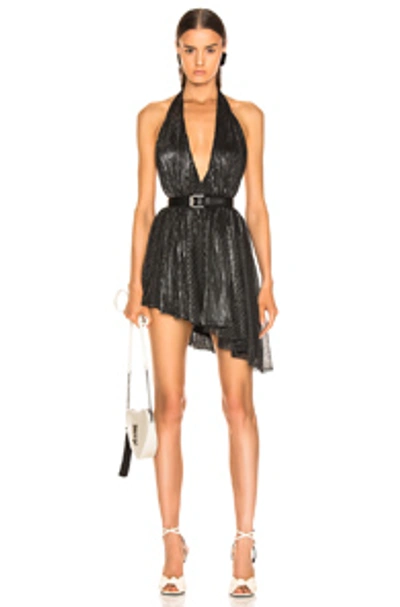 Shop Saint Laurent Asymmetrical Plunging Mini Dress In Black & Silver